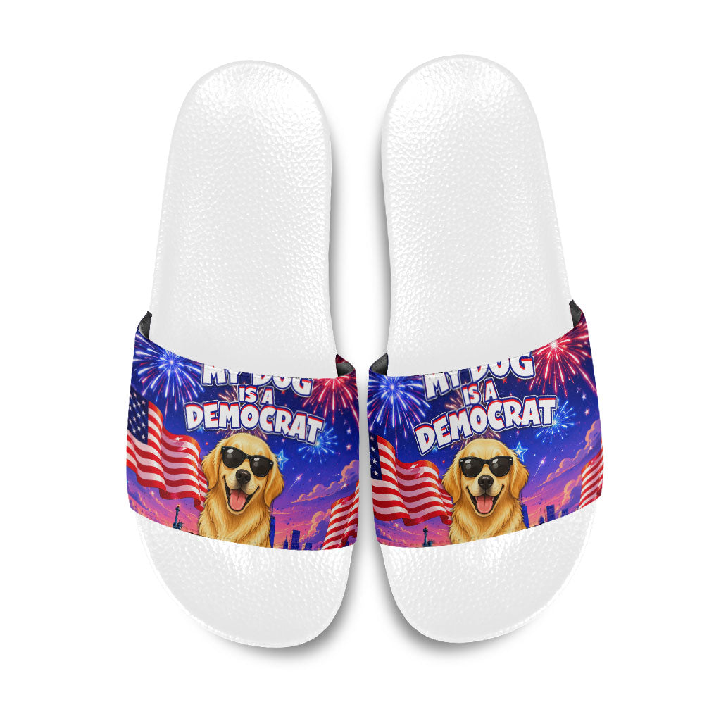 Golden Retriever My Dog Is A Democrat Slide Sandals Patriotic Statue Of Liberty Fireworks