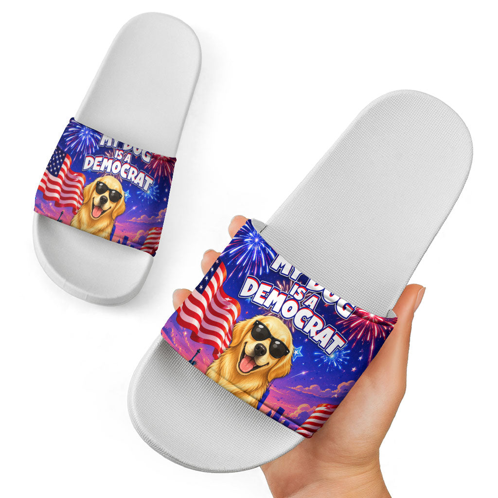 Golden Retriever My Dog Is A Democrat Slide Sandals Patriotic Statue Of Liberty Fireworks