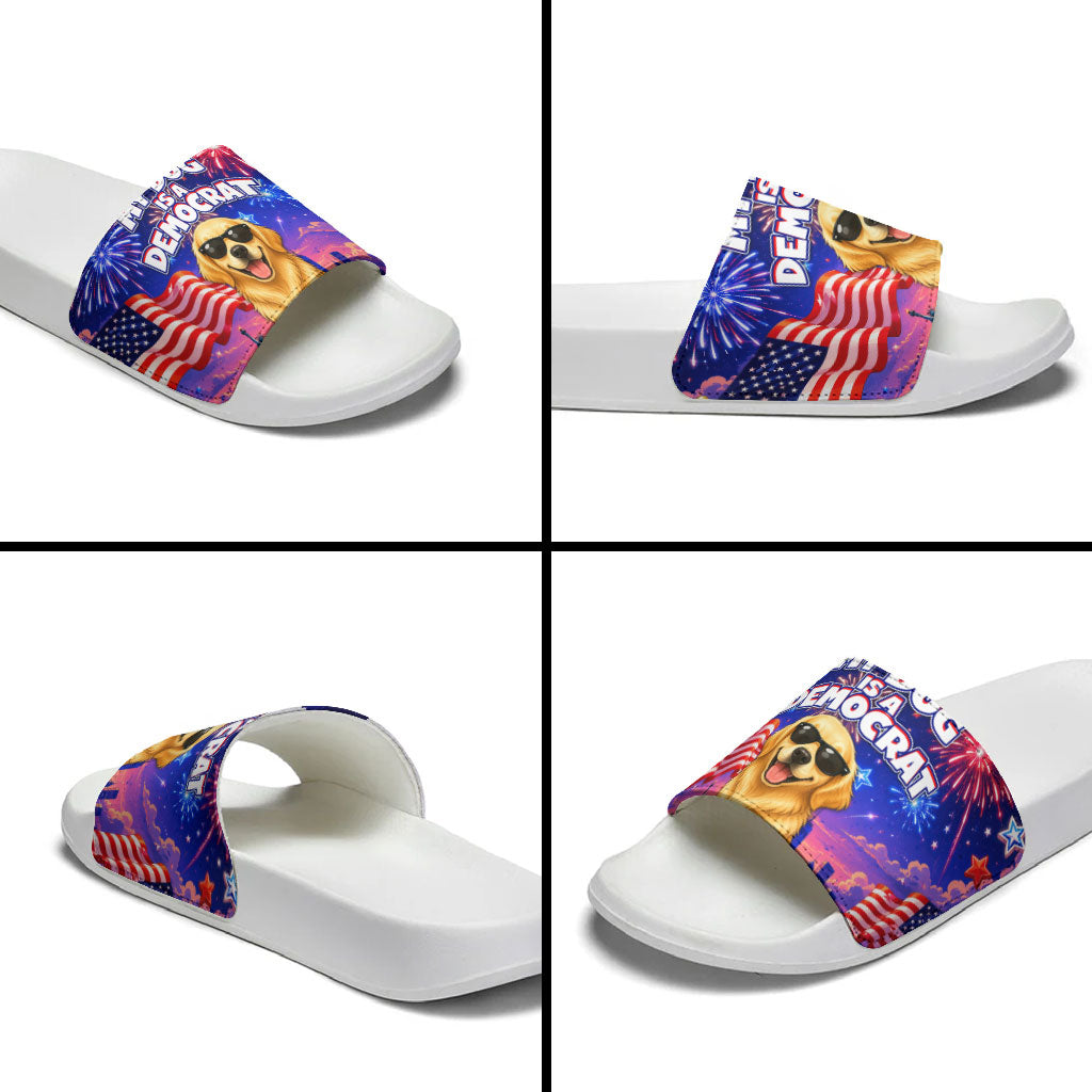 Golden Retriever My Dog Is A Democrat Slide Sandals Patriotic Statue Of Liberty Fireworks