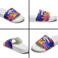Golden Retriever My Dog Is A Democrat Slide Sandals Patriotic Statue Of Liberty Fireworks