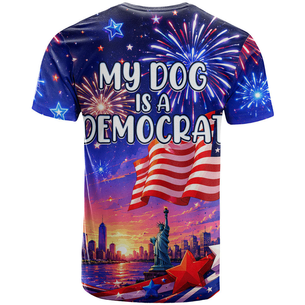 Golden Retriever My Dog Is A Democrat T Shirt Patriotic Statue Of Liberty Fireworks