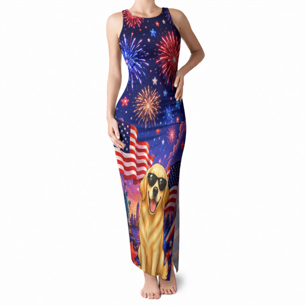 Golden Retriever My Dog Is A Democrat Tank Maxi Dress Patriotic Statue Of Liberty Fireworks