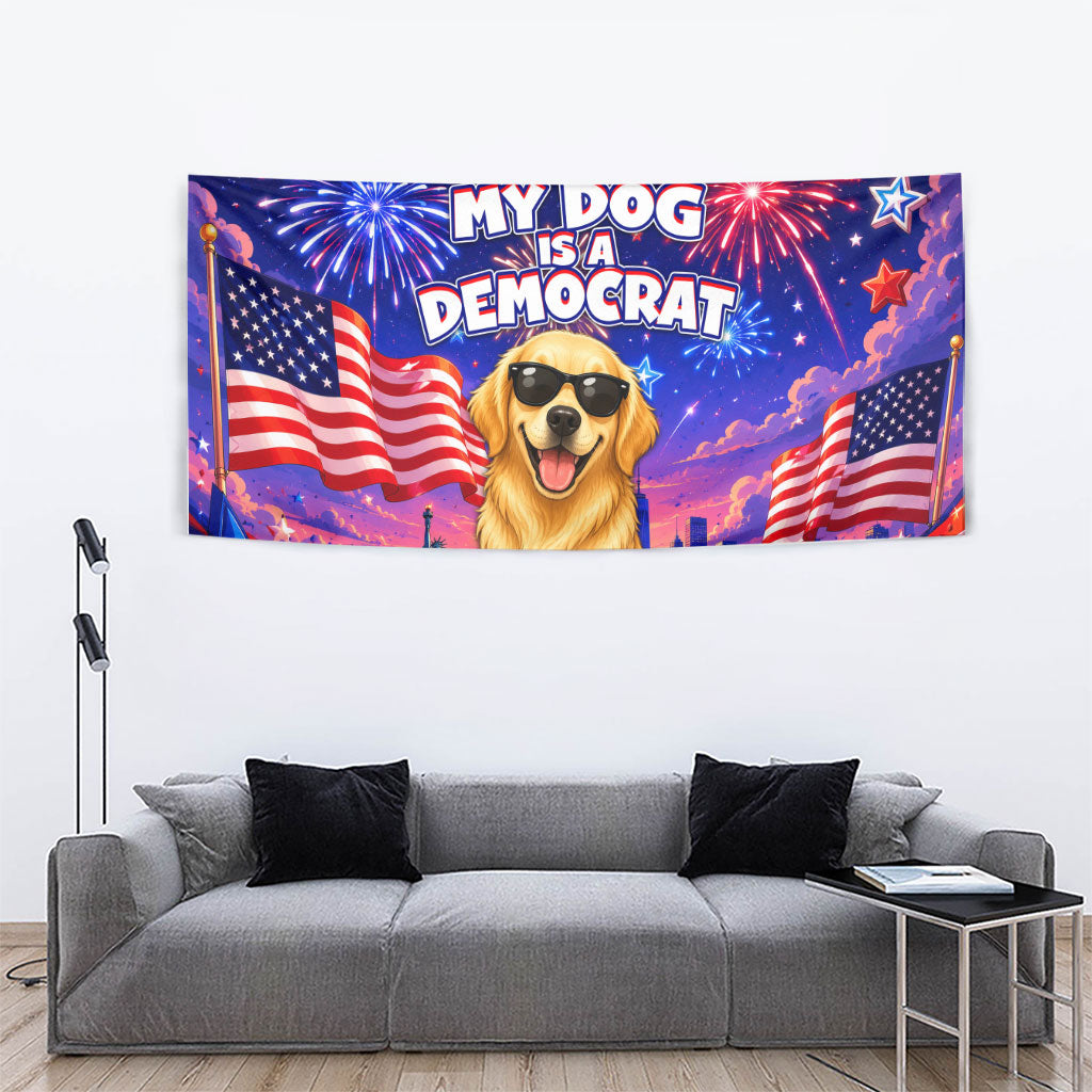Golden Retriever My Dog Is A Democrat Tapestry Patriotic Statue Of Liberty Fireworks