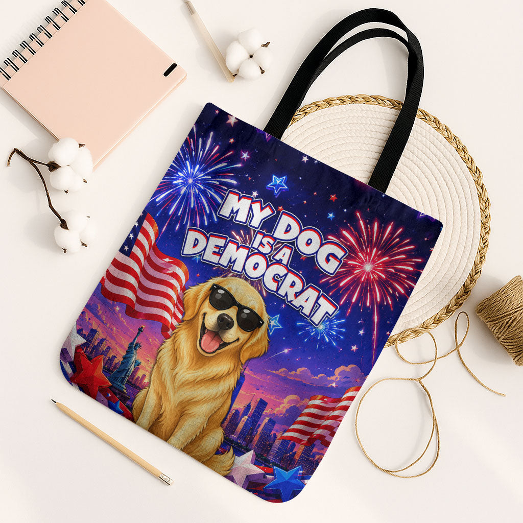 Golden Retriever My Dog Is A Democrat Tote Bag Patriotic Statue Of Liberty Fireworks