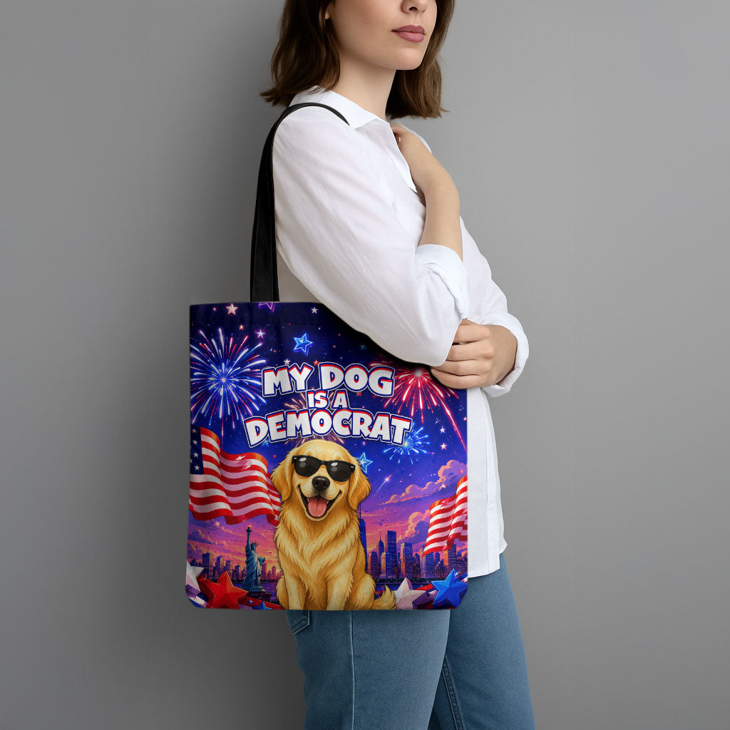 Golden Retriever My Dog Is A Democrat Tote Bag Patriotic Statue Of Liberty Fireworks