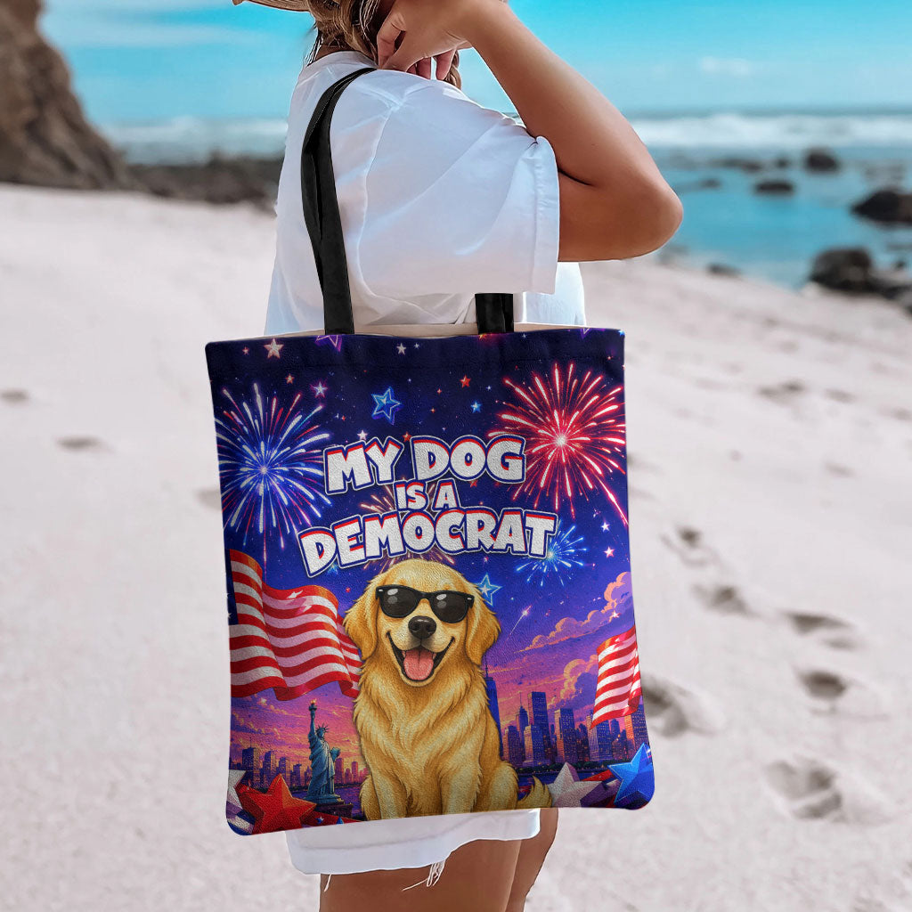Golden Retriever My Dog Is A Democrat Tote Bag Patriotic Statue Of Liberty Fireworks