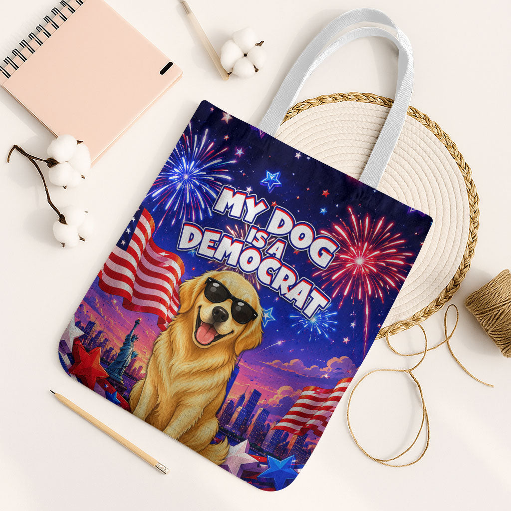 Golden Retriever My Dog Is A Democrat Tote Bag Patriotic Statue Of Liberty Fireworks