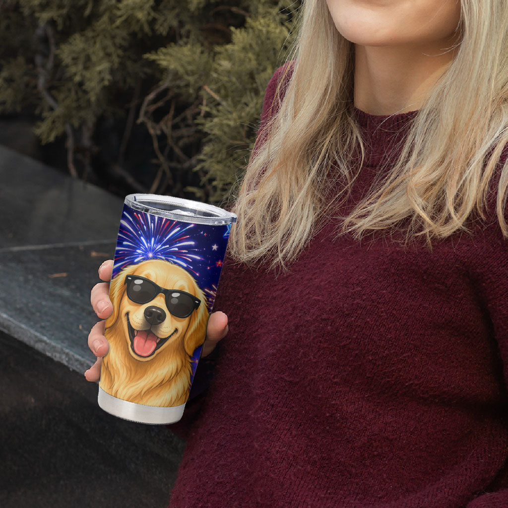 Golden Retriever My Dog Is A Democrat Tumbler Cup Patriotic Statue Of Liberty Fireworks