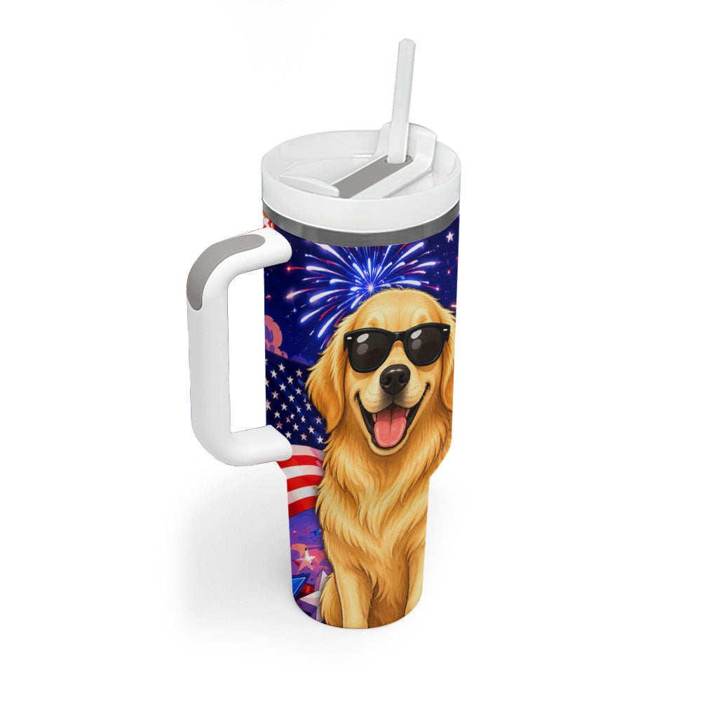 Golden Retriever My Dog Is A Democrat Tumbler With Handle Patriotic Statue Of Liberty Fireworks