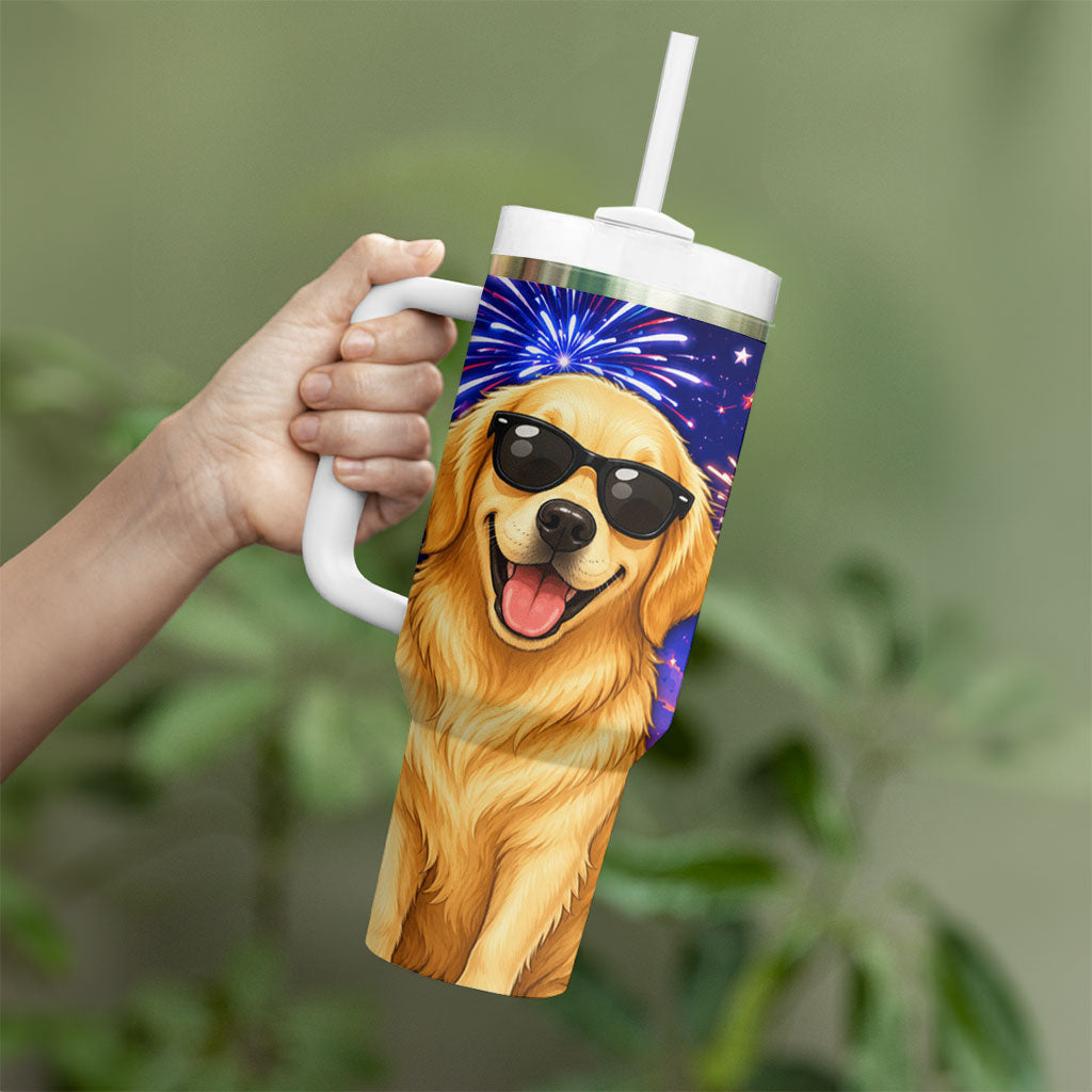 Golden Retriever My Dog Is A Democrat Tumbler With Handle Patriotic Statue Of Liberty Fireworks