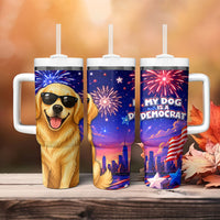 Golden Retriever My Dog Is A Democrat Tumbler With Handle Patriotic Statue Of Liberty Fireworks