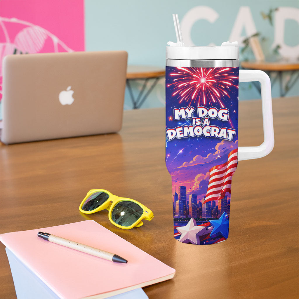 Golden Retriever My Dog Is A Democrat Tumbler With Handle Patriotic Statue Of Liberty Fireworks