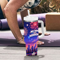 Golden Retriever My Dog Is A Democrat Tumbler With Handle Patriotic Statue Of Liberty Fireworks