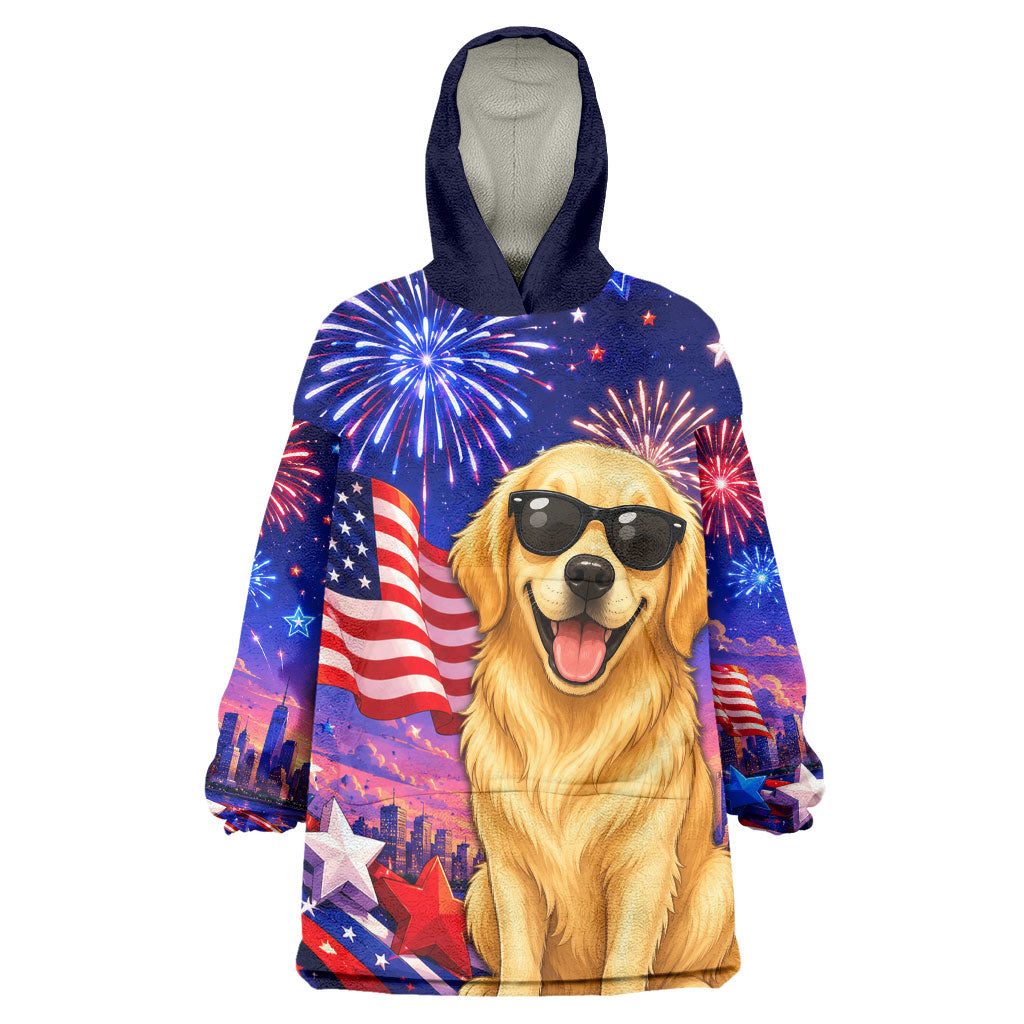 Golden Retriever My Dog Is A Democrat Wearable Blanket Hoodie Patriotic Statue Of Liberty Fireworks