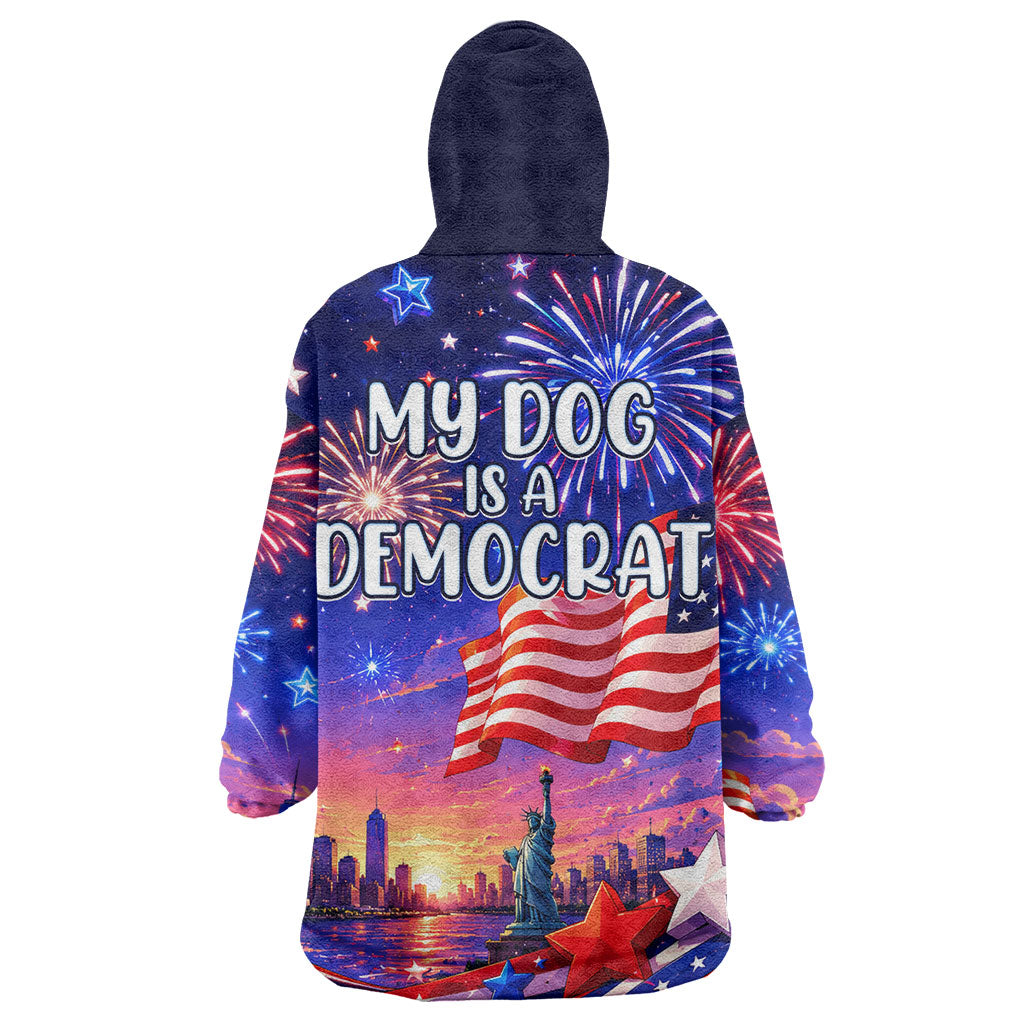 Golden Retriever My Dog Is A Democrat Wearable Blanket Hoodie Patriotic Statue Of Liberty Fireworks