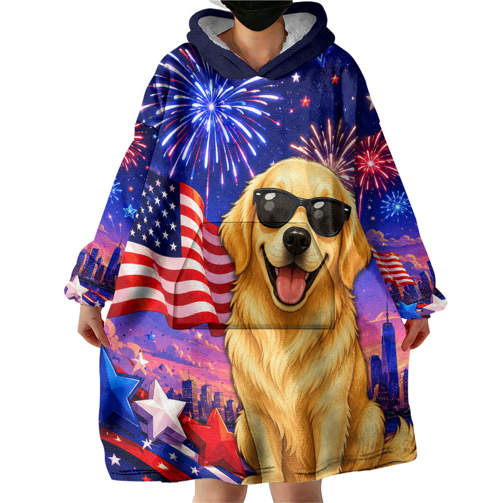 Golden Retriever My Dog Is A Democrat Wearable Blanket Hoodie Patriotic Statue Of Liberty Fireworks