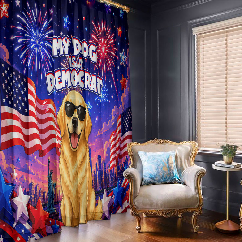 Golden Retriever My Dog Is A Democrat Window Curtain Patriotic Statue Of Liberty Fireworks