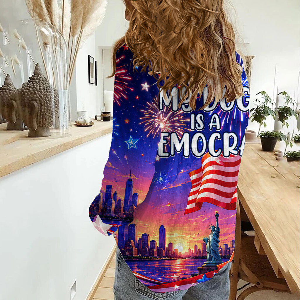 Golden Retriever My Dog Is A Democrat Women Casual Shirt Patriotic Statue Of Liberty Fireworks