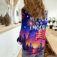 Golden Retriever My Dog Is A Democrat Women Casual Shirt Patriotic Statue Of Liberty Fireworks