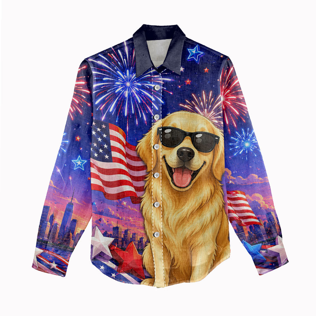 Golden Retriever My Dog Is A Democrat Women Casual Shirt Patriotic Statue Of Liberty Fireworks
