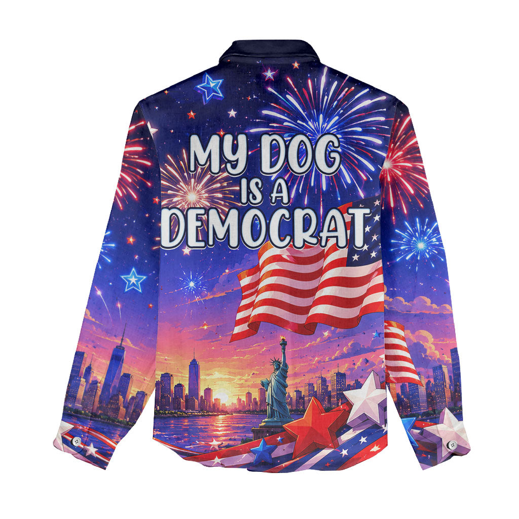 Golden Retriever My Dog Is A Democrat Women Casual Shirt Patriotic Statue Of Liberty Fireworks
