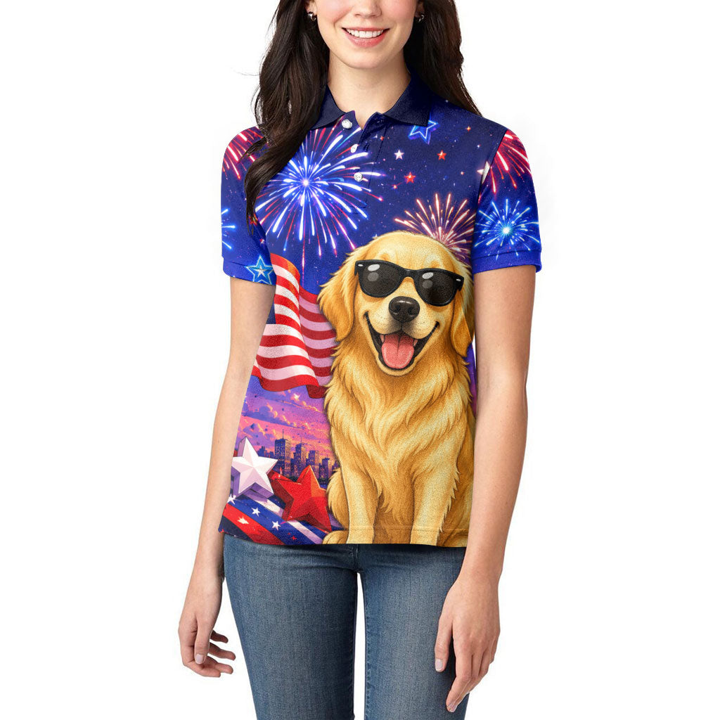 Golden Retriever My Dog Is A Democrat Women Polo Shirt Patriotic Statue Of Liberty Fireworks