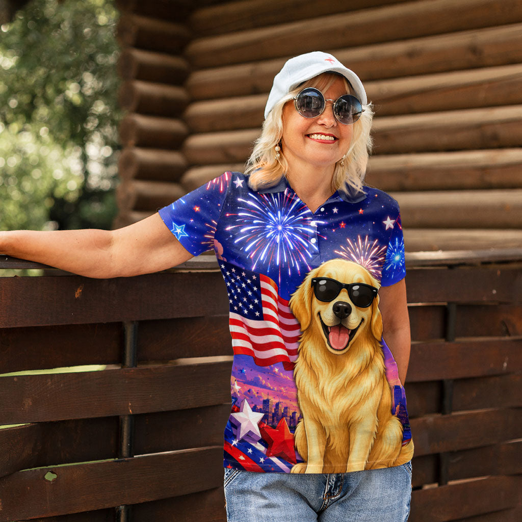 Golden Retriever My Dog Is A Democrat Women Polo Shirt Patriotic Statue Of Liberty Fireworks