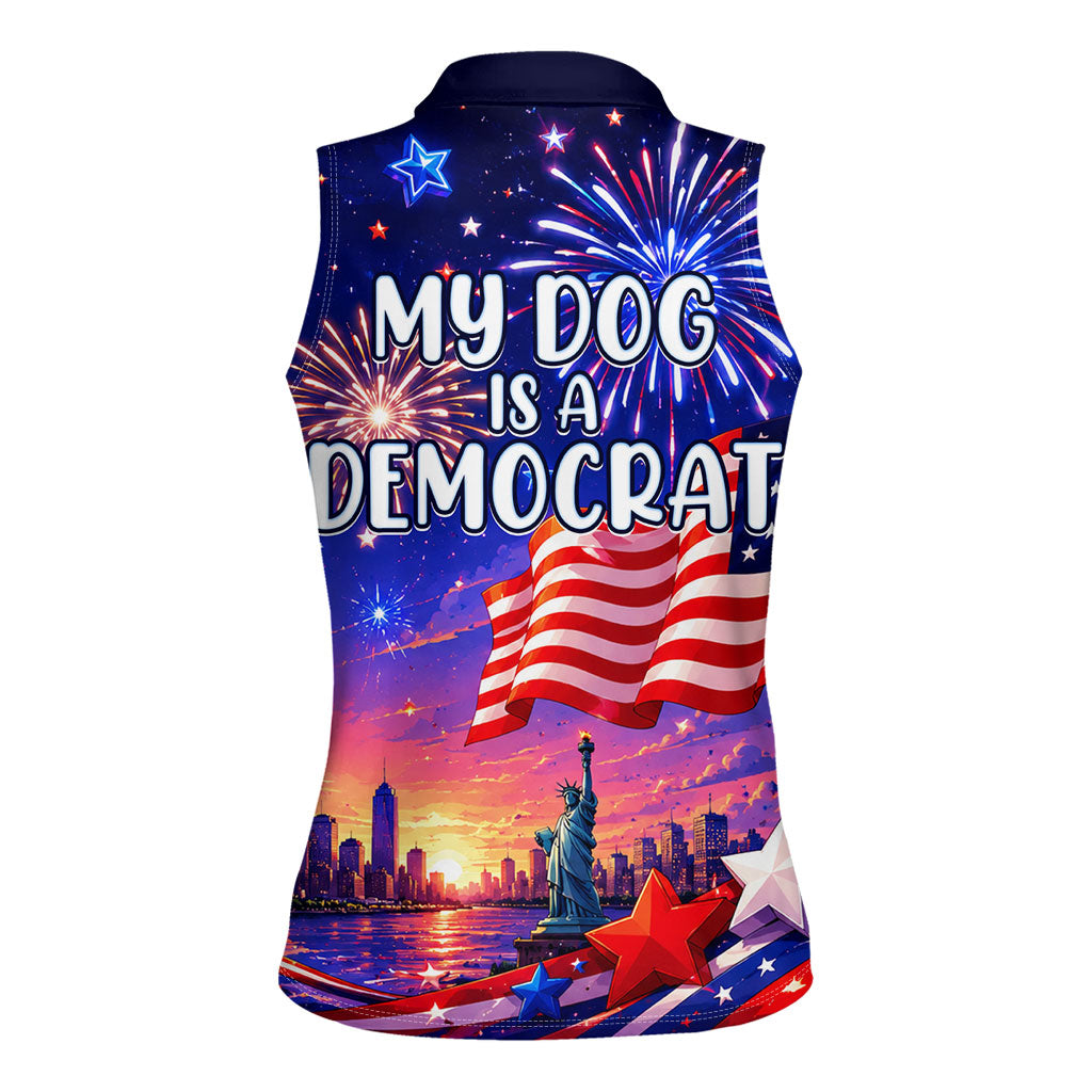 Golden Retriever My Dog Is A Democrat Women Sleeveless Polo Shirt Patriotic Statue Of Liberty Fireworks