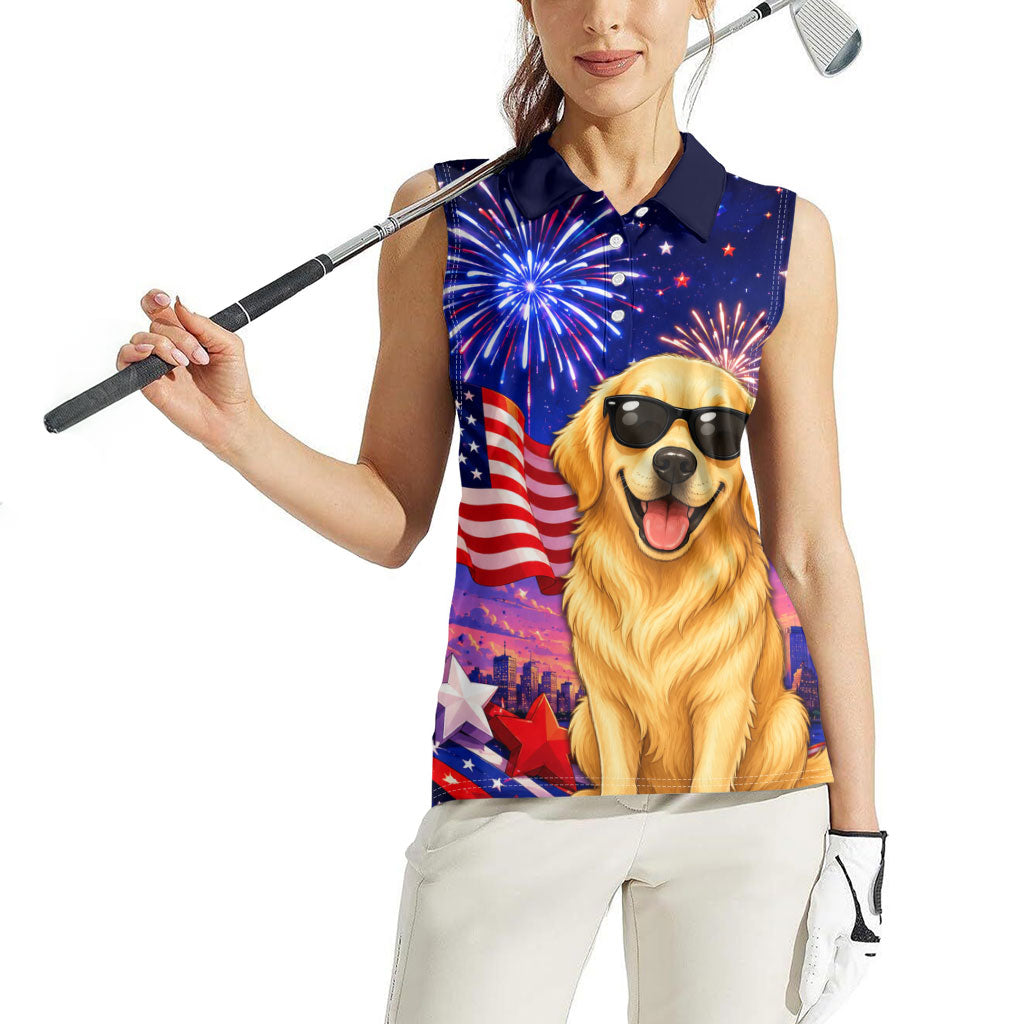Golden Retriever My Dog Is A Democrat Women Sleeveless Polo Shirt Patriotic Statue Of Liberty Fireworks