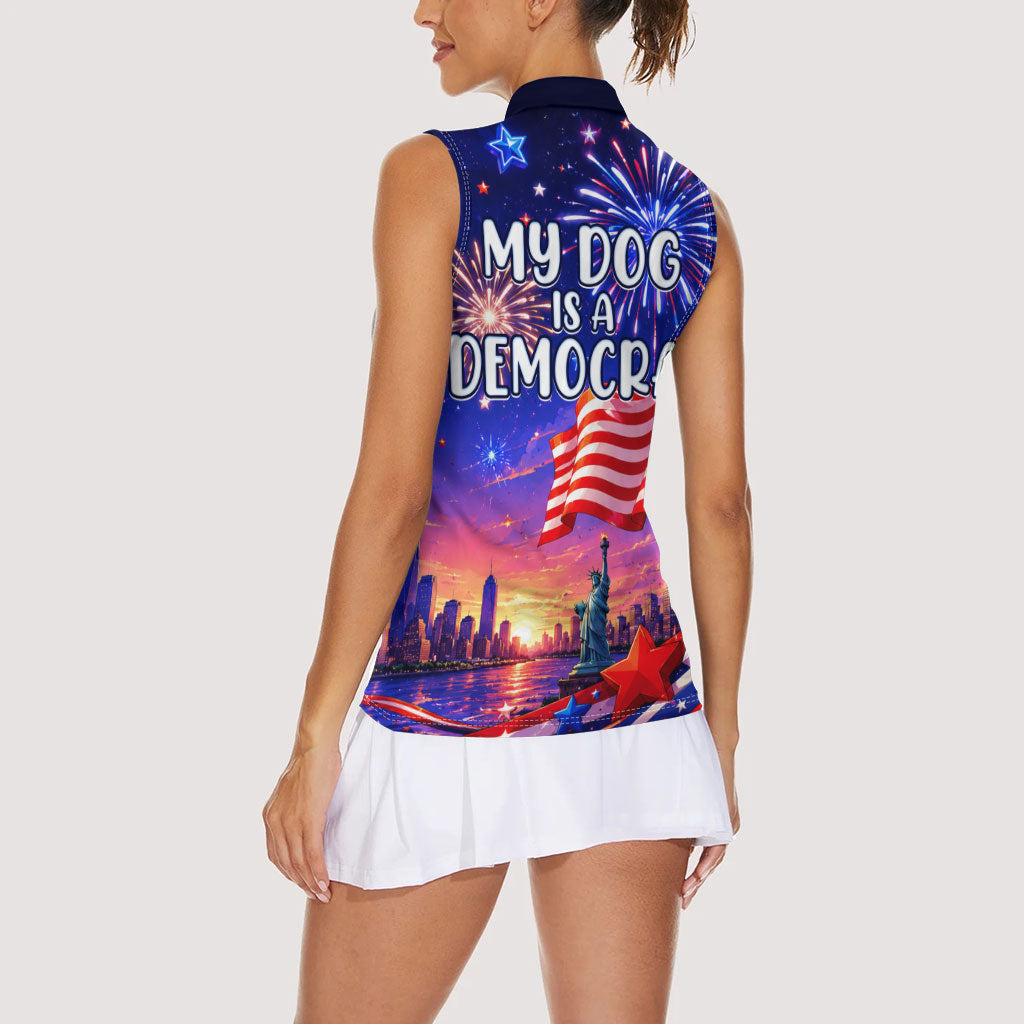 Golden Retriever My Dog Is A Democrat Women Sleeveless Polo Shirt Patriotic Statue Of Liberty Fireworks