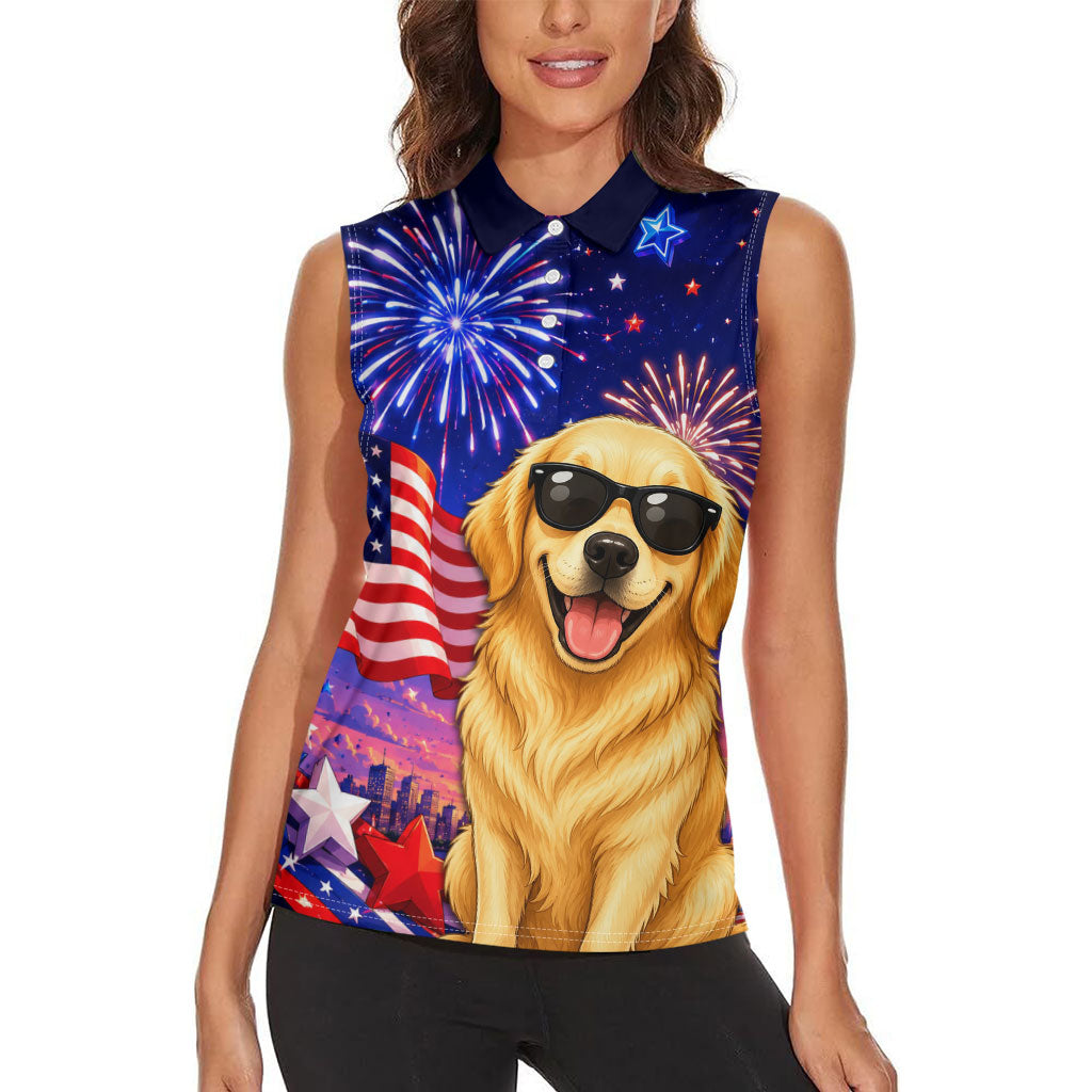 Golden Retriever My Dog Is A Democrat Women Sleeveless Polo Shirt Patriotic Statue Of Liberty Fireworks