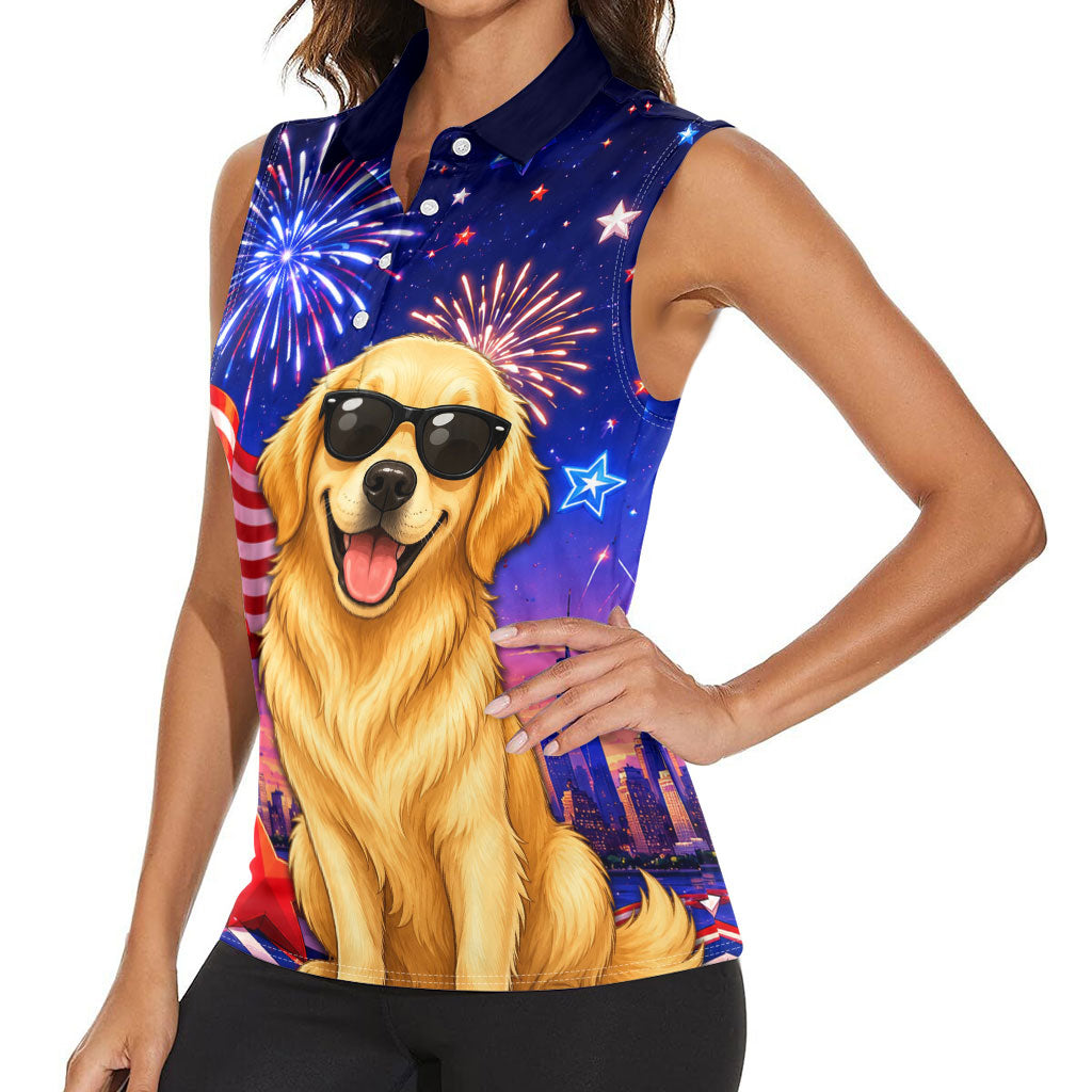 Golden Retriever My Dog Is A Democrat Women Sleeveless Polo Shirt Patriotic Statue Of Liberty Fireworks