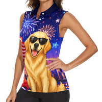 Golden Retriever My Dog Is A Democrat Women Sleeveless Polo Shirt Patriotic Statue Of Liberty Fireworks