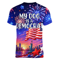 Golden Retriever My Dog Is A Democrat Women V-Neck T-Shirt Patriotic Statue Of Liberty Fireworks