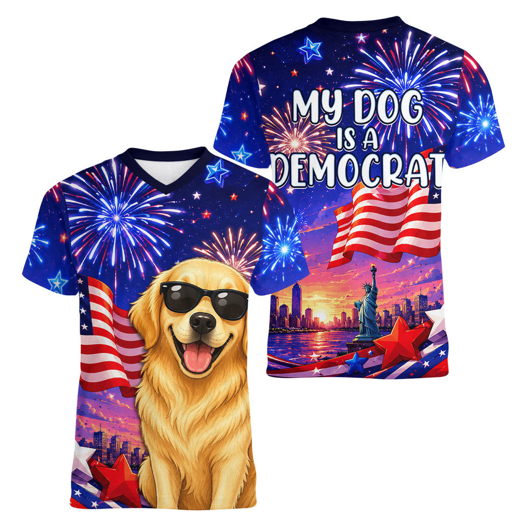 Golden Retriever My Dog Is A Democrat Women V-Neck T-Shirt Patriotic Statue Of Liberty Fireworks