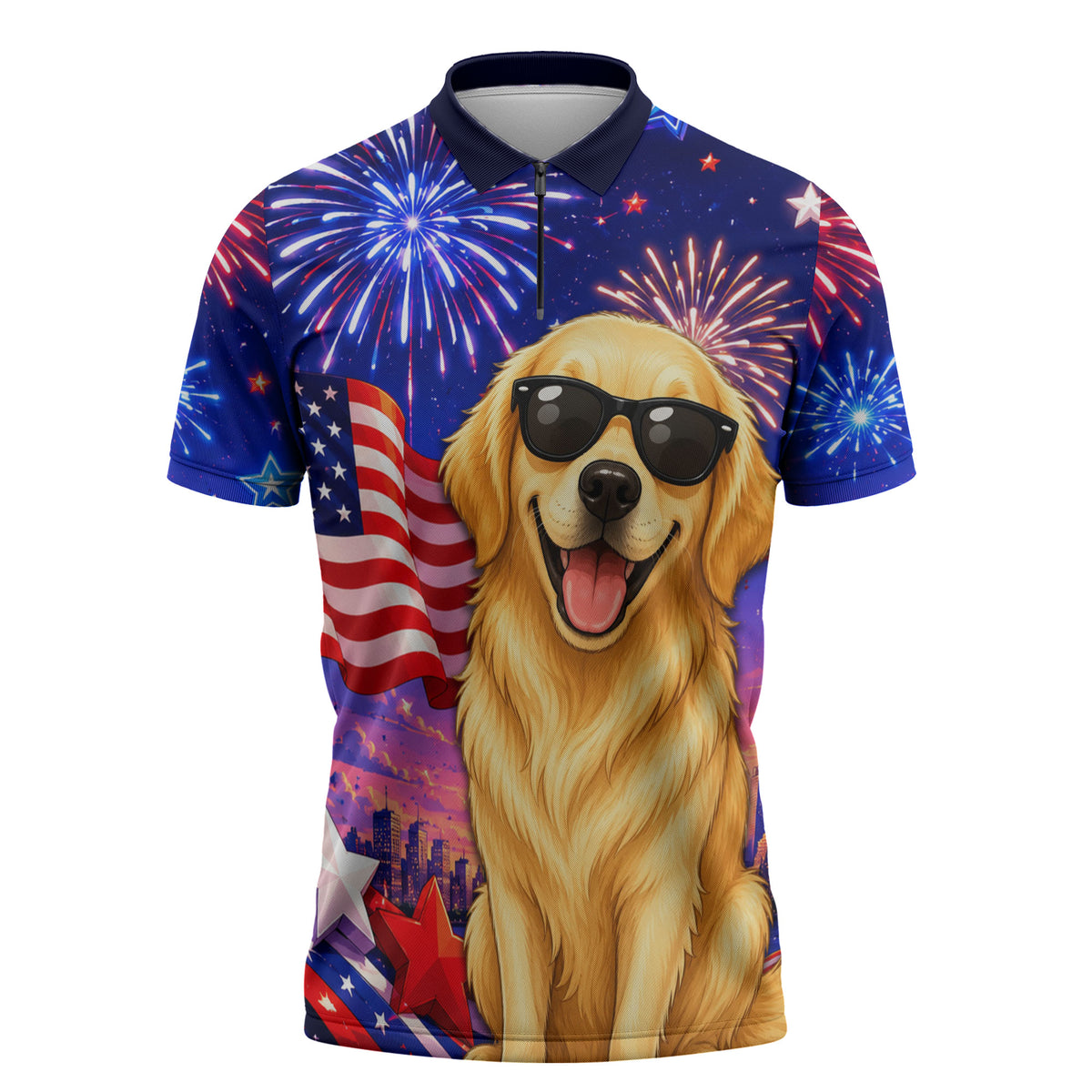 Golden Retriever My Dog Is A Democrat Zipper Polo Shirt Patriotic Statue Of Liberty Fireworks
