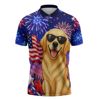Golden Retriever My Dog Is A Democrat Zipper Polo Shirt Patriotic Statue Of Liberty Fireworks