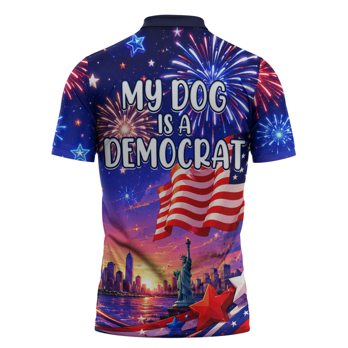 Golden Retriever My Dog Is A Democrat Zipper Polo Shirt Patriotic Statue Of Liberty Fireworks
