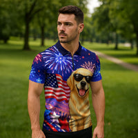 Golden Retriever My Dog Is A Democrat Zipper Polo Shirt Patriotic Statue Of Liberty Fireworks