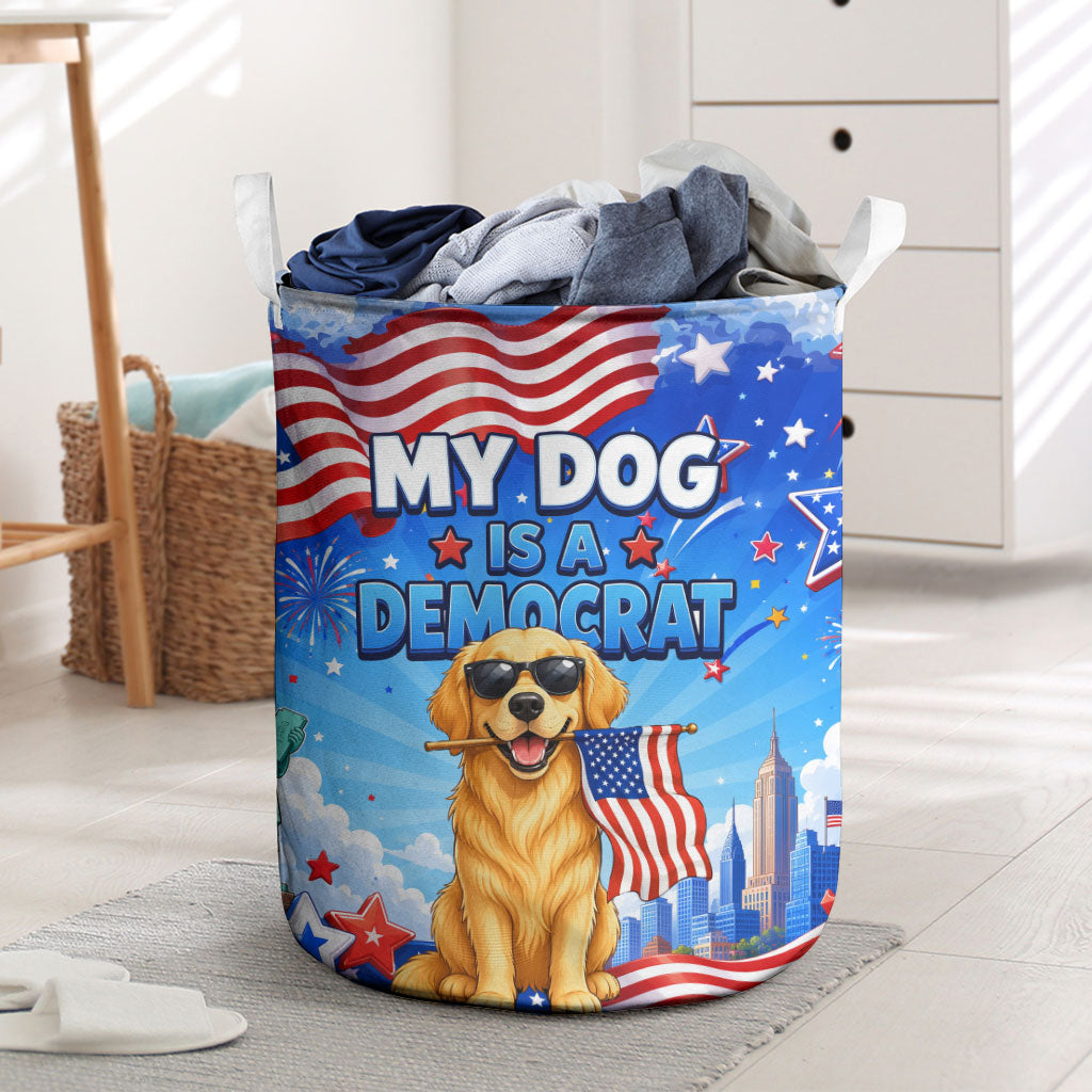 My Dog Is A Democrat Laundry Basket Golden Retriever Patriotic American Flag Graphic
