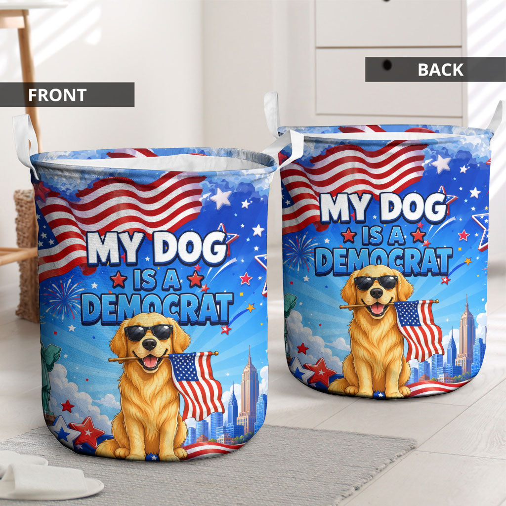 My Dog Is A Democrat Laundry Basket Golden Retriever Patriotic American Flag Graphic