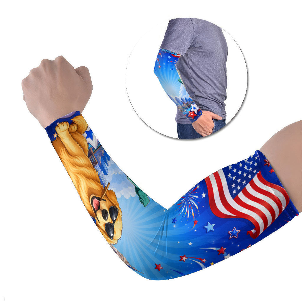 My Dog Is A Democrat Arm Sleeves Golden Retriever Patriotic American Flag Graphic