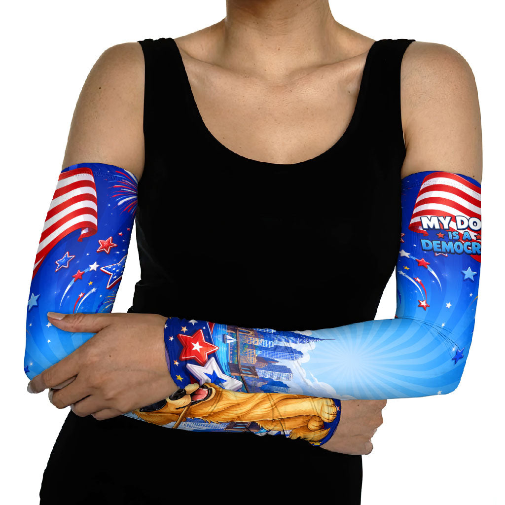 My Dog Is A Democrat Arm Sleeves Golden Retriever Patriotic American Flag Graphic