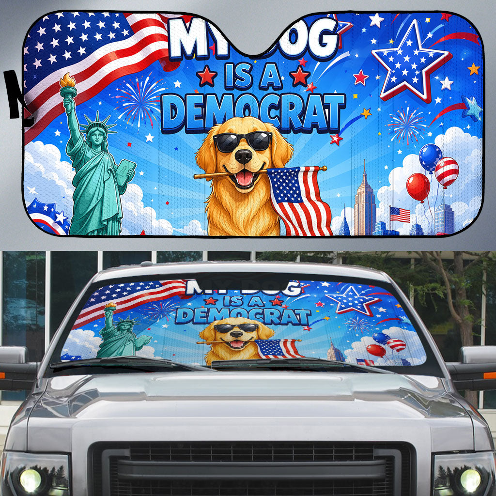 My Dog Is A Democrat Auto Sun Shade Golden Retriever Patriotic American Flag Graphic