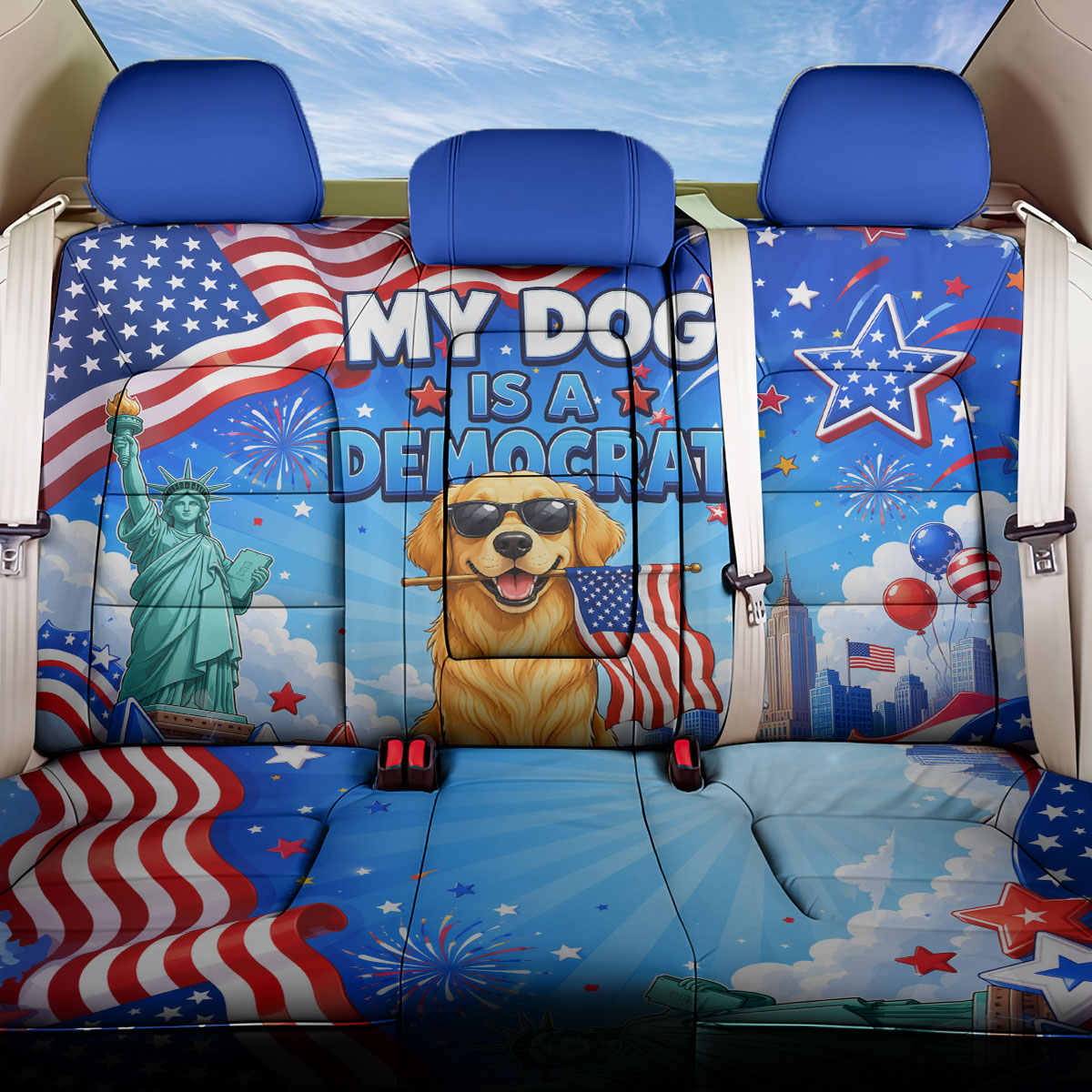 My Dog Is A Democrat Back Car Seat Cover Golden Retriever Patriotic American Flag Graphic