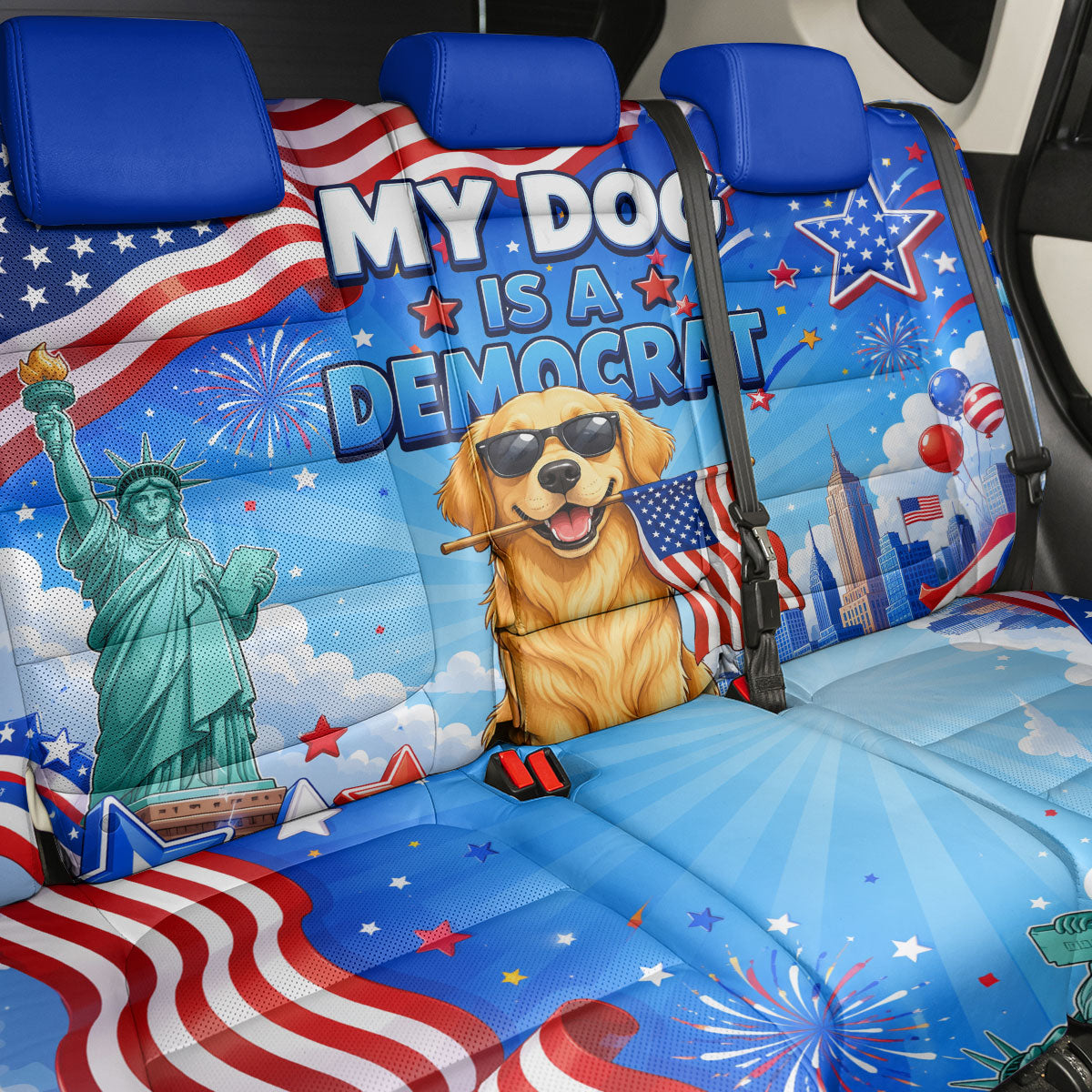My Dog Is A Democrat Back Car Seat Cover Golden Retriever Patriotic American Flag Graphic