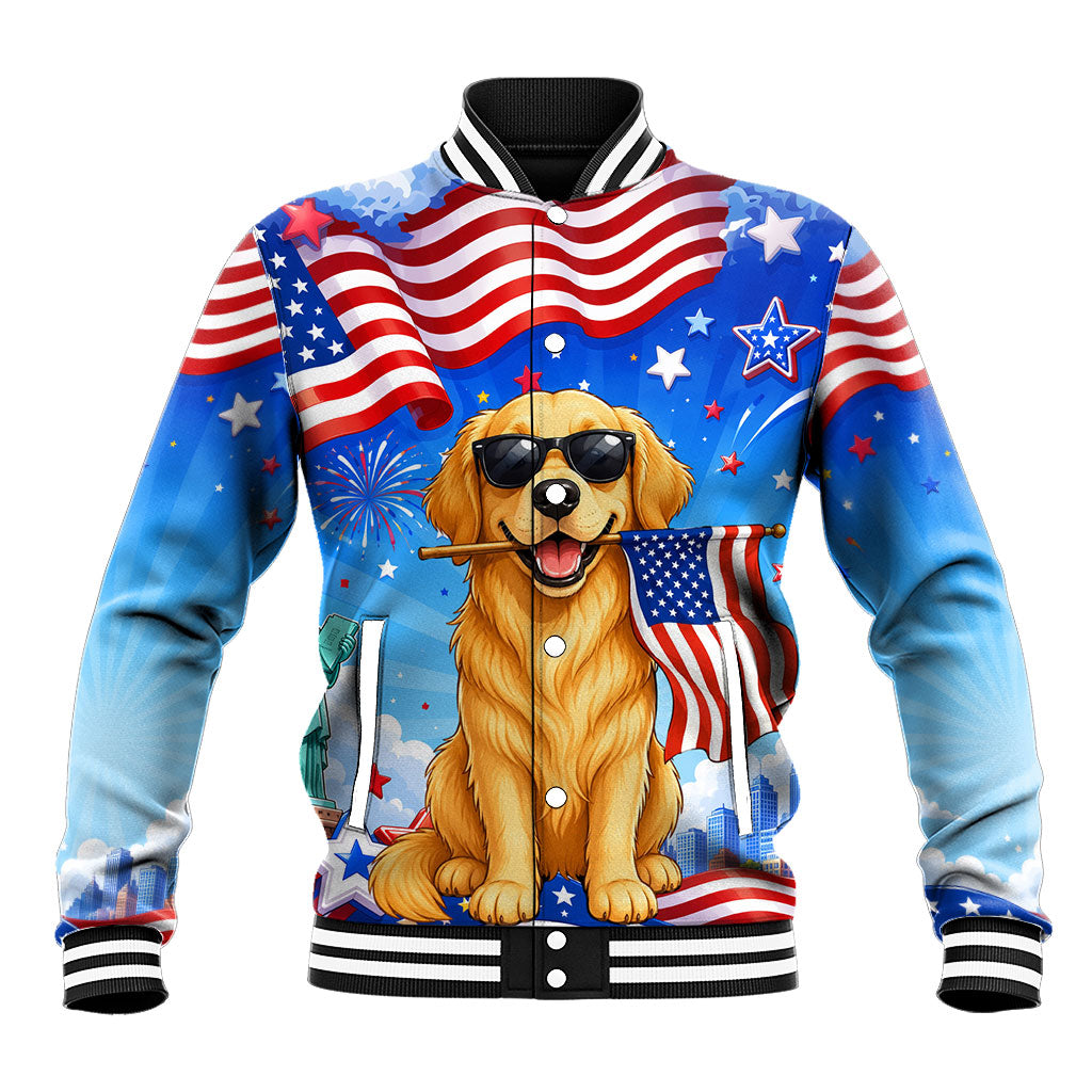 My Dog Is A Democrat Baseball Jacket Golden Retriever Patriotic American Flag Graphic