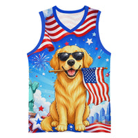 My Dog Is A Democrat Basketball Jersey Golden Retriever Patriotic American Flag Graphic