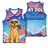 My Dog Is A Democrat Basketball Jersey Golden Retriever Patriotic American Flag Graphic