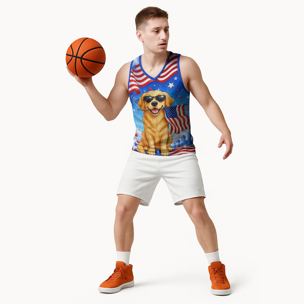 My Dog Is A Democrat Basketball Jersey Golden Retriever Patriotic American Flag Graphic